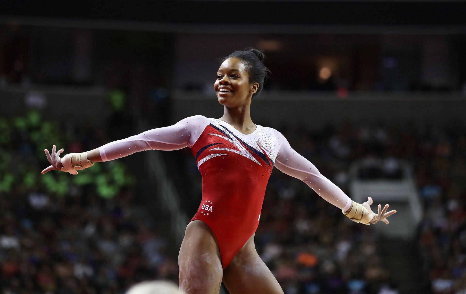 Gabby Douglas competes in the floor exercise during Day 2 of the 2016 U.S. Women&#039;s Gymnastics Olympic Trials at SAP Center in San Jose, California.