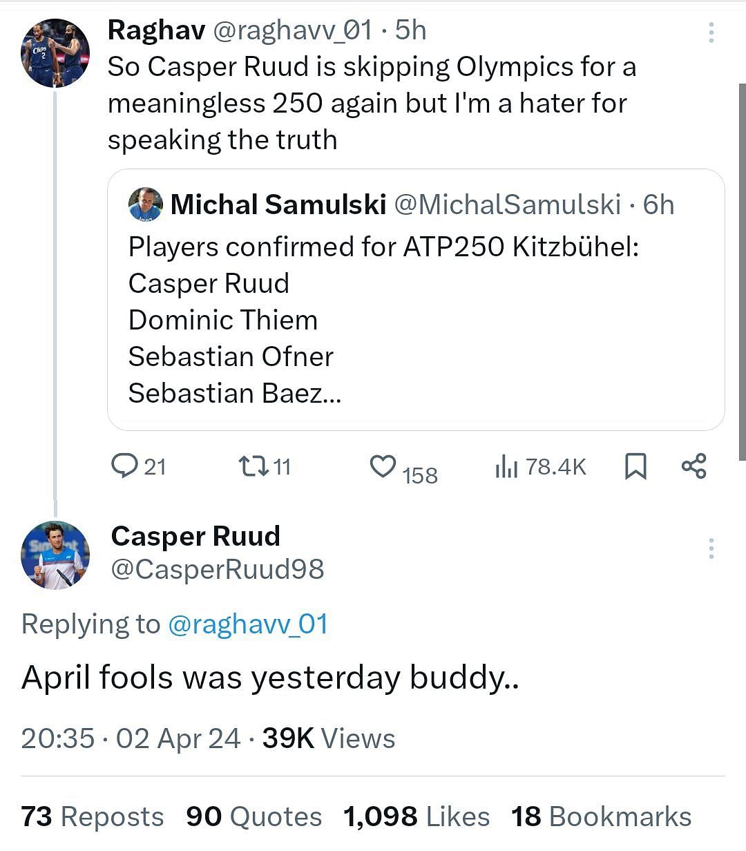 Casper Ruud&#039;s response to an X (formerly Twitter) user to shut down the false claim surrounding his 2024 Paris Olympics participation