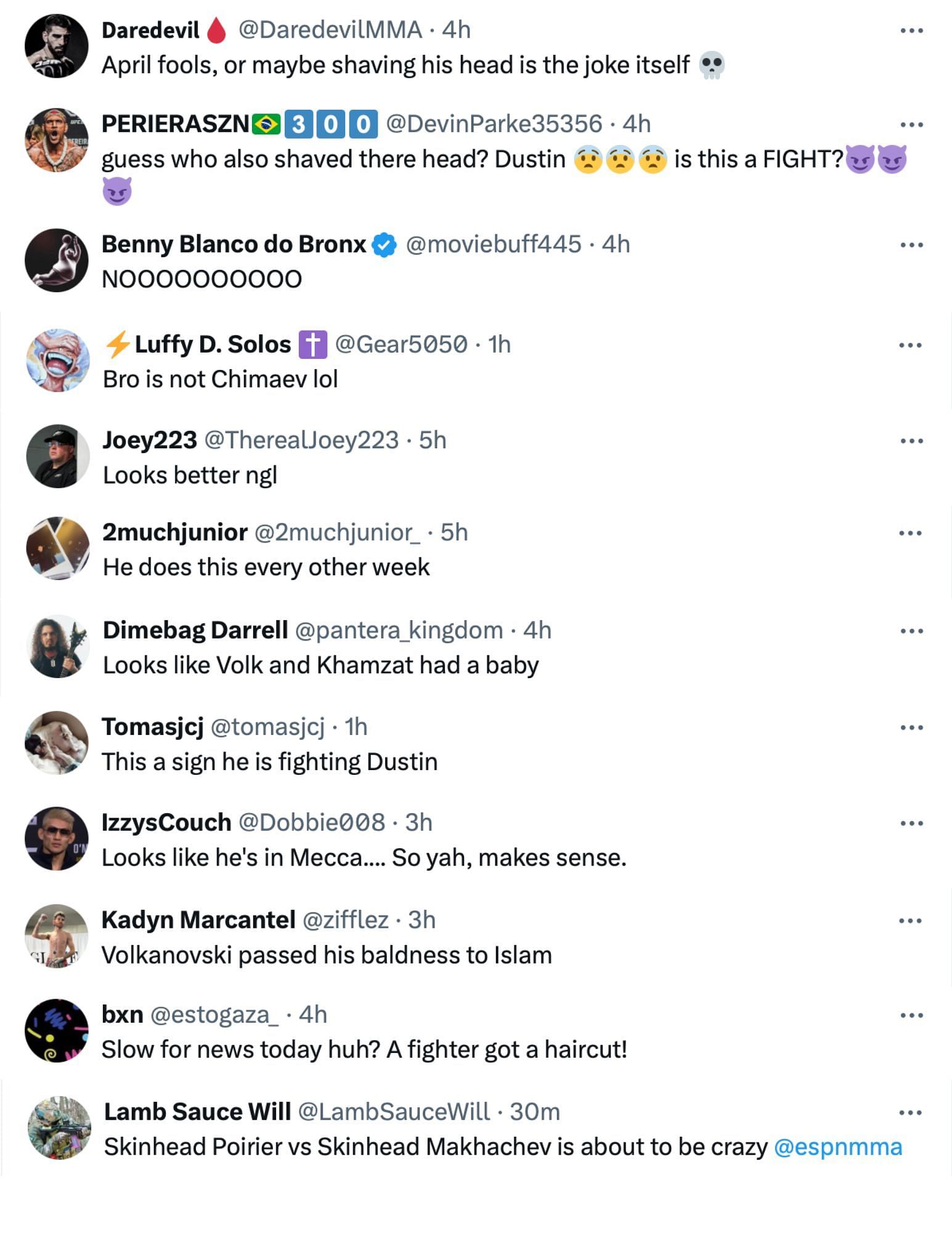 Fans reacting to Islam Makhachev shaving his head bald [via @champrds on X]