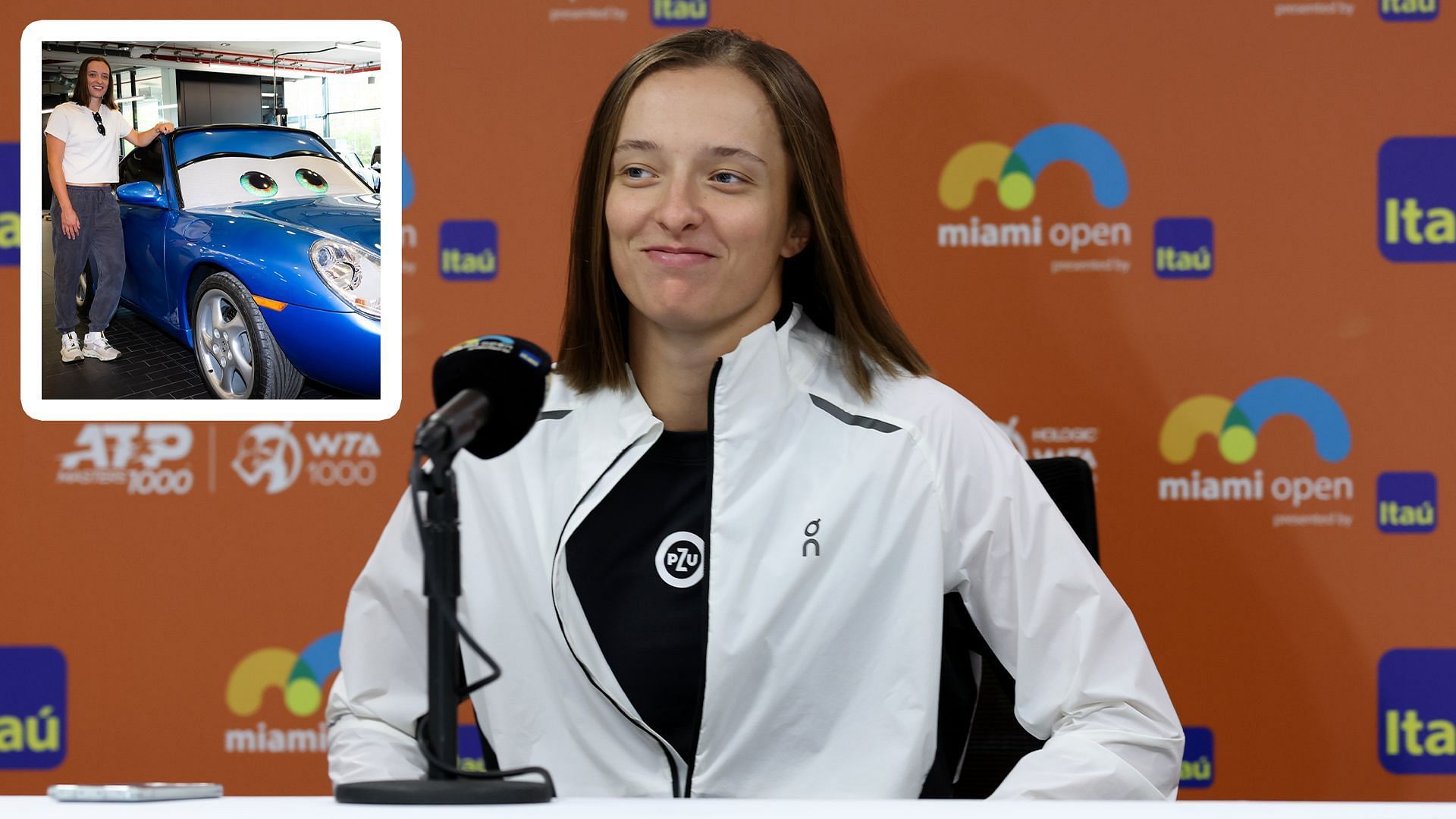 Iga Swiatek at the Miami Open(center) and posing with a Porsche car(inset)