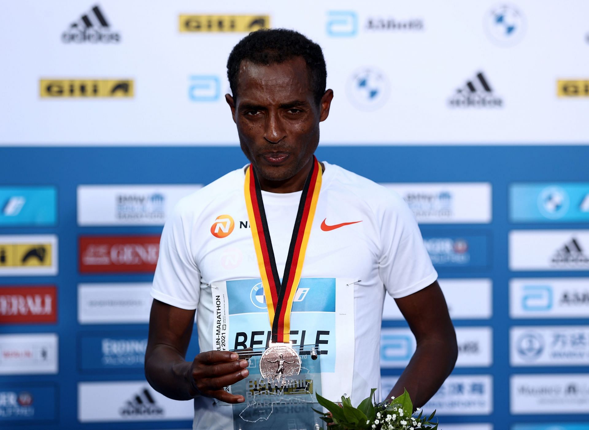 Kenenisa Bekele of Ethiopia celebrates after finishing third in the Men&#039;s Elite race during the 47th Berlin Marathon in Germany.