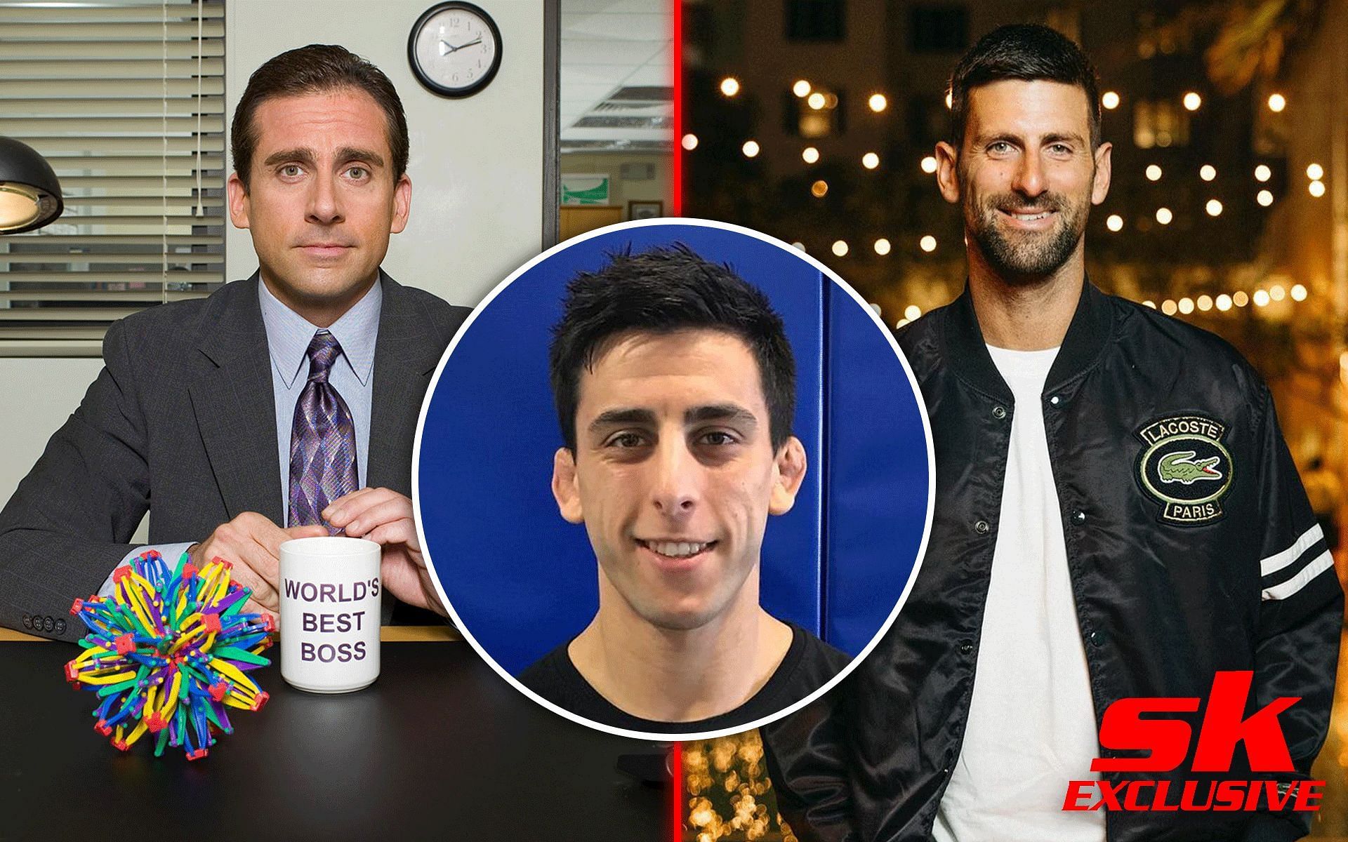 A number of fans have highlighted that Steve Erceg (inset) is a lookalike of Steve Carell (left) and Novak Djokovic (right) [Images courtesy: @theoffice, @ercegstephen, and @djokernole on Instagram]