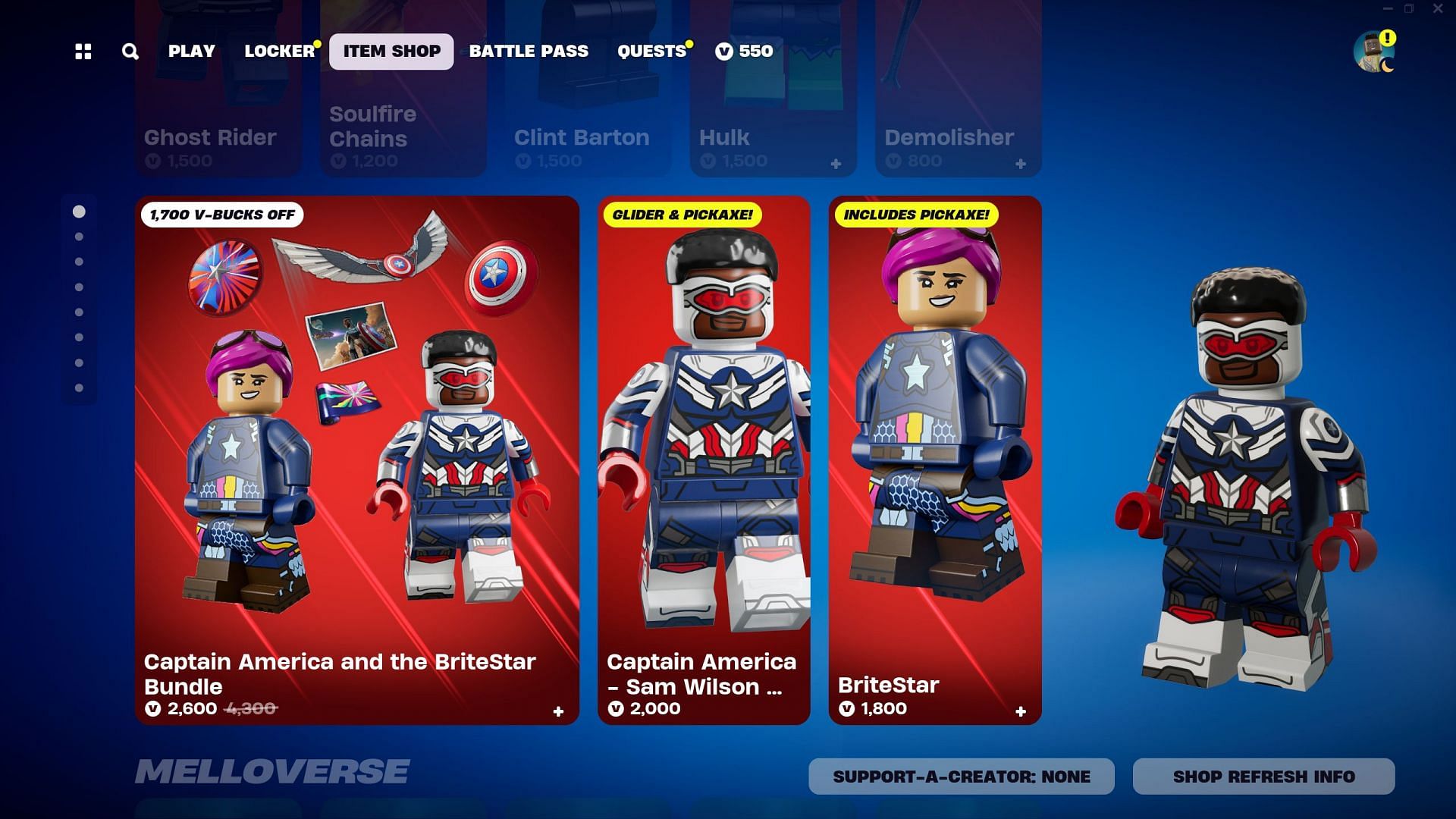Captain America - Sam Wilson (MCU) and BriteStar Skins are currently listed in the Item Shop. (Image via Epic Games/Fortnite)