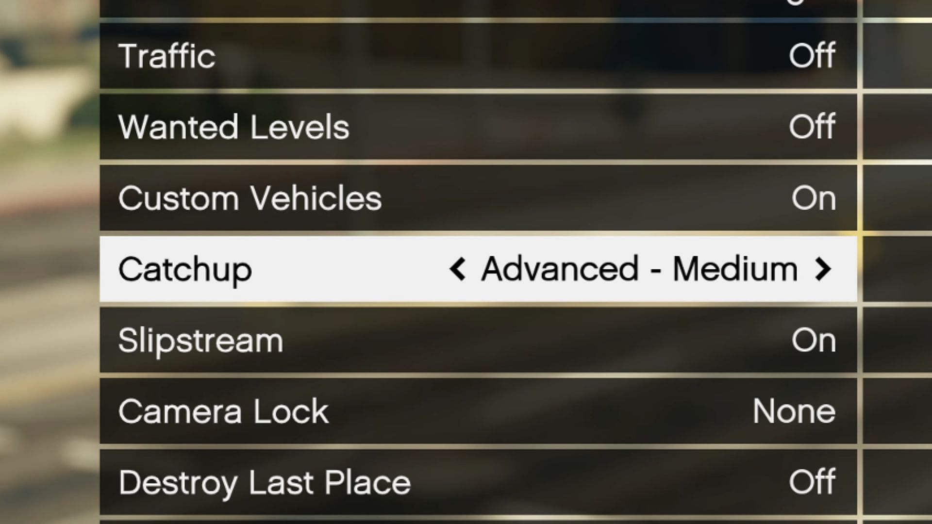 Catch-Up mode selector before a race (Image via YouTube/Broughy1322 || Rockstar Games)
