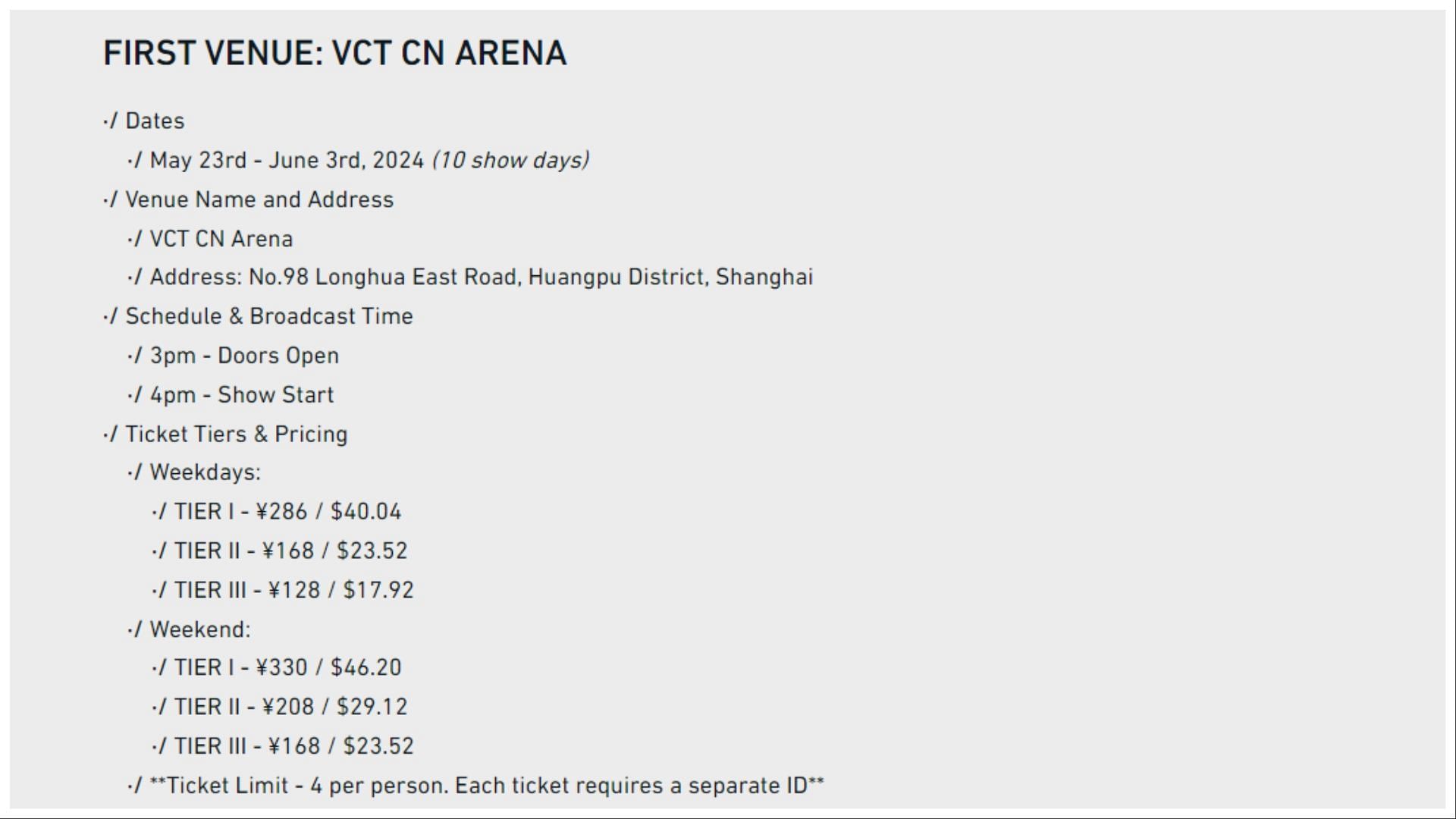 VCT Masters Shanghai 2024 Venue, ticket prices, arena policies, and more