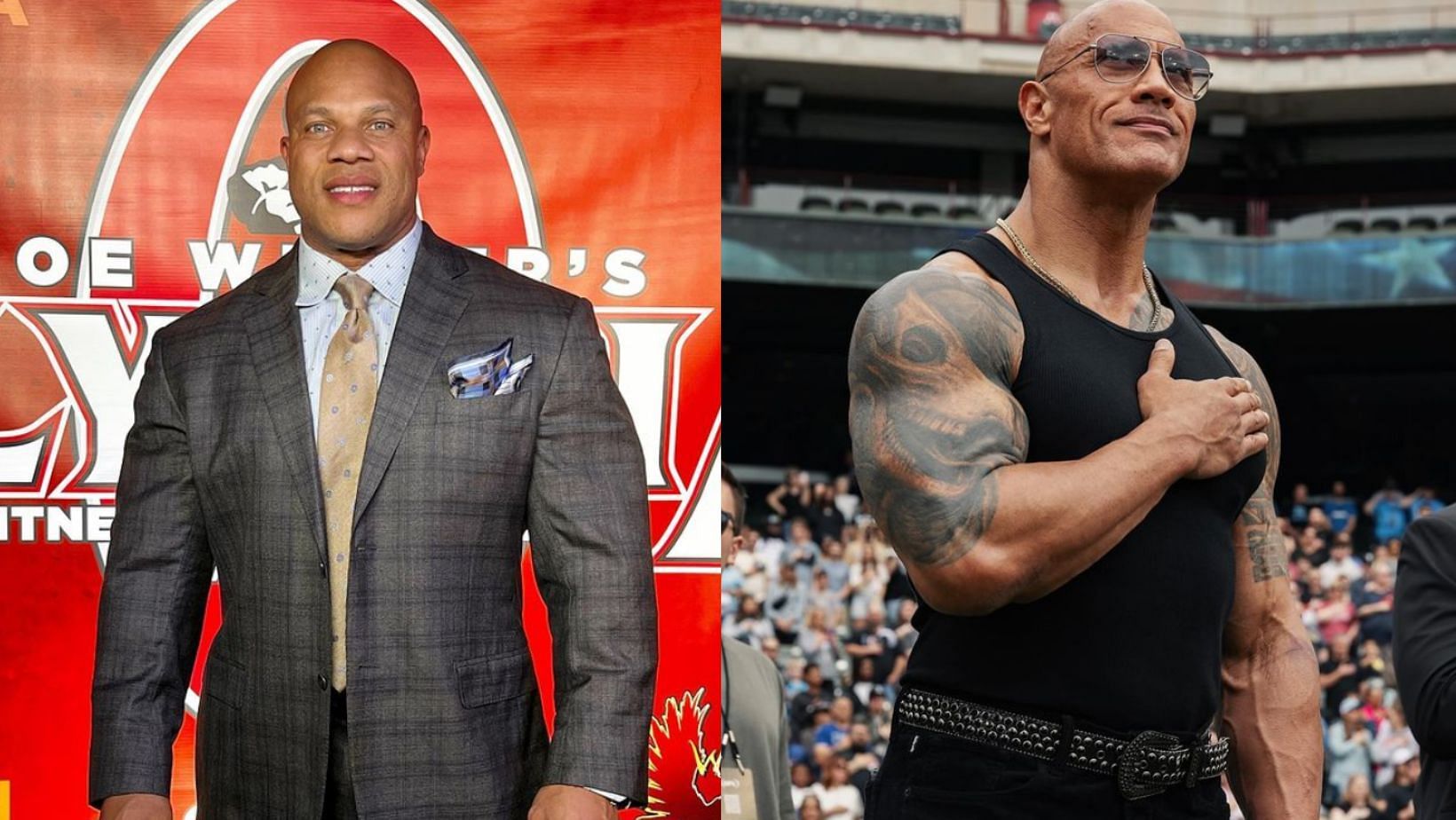 Phil Heath congratulates Dwayne Johnson for his grandmother