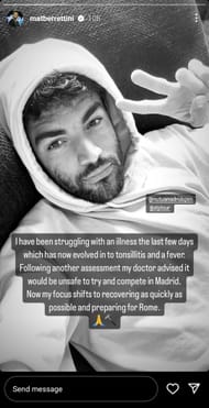 Matteo Berrettini's Instagram post announcing his withdrawal from the Mutua Madrid Open