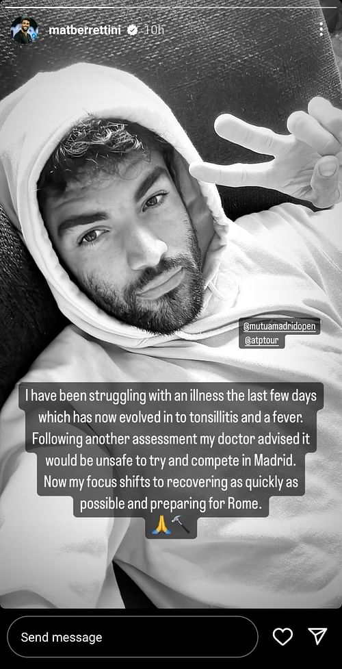 Matteo Berrettini's Instagram post announcing his withdrawal from the Mutua Madrid Open