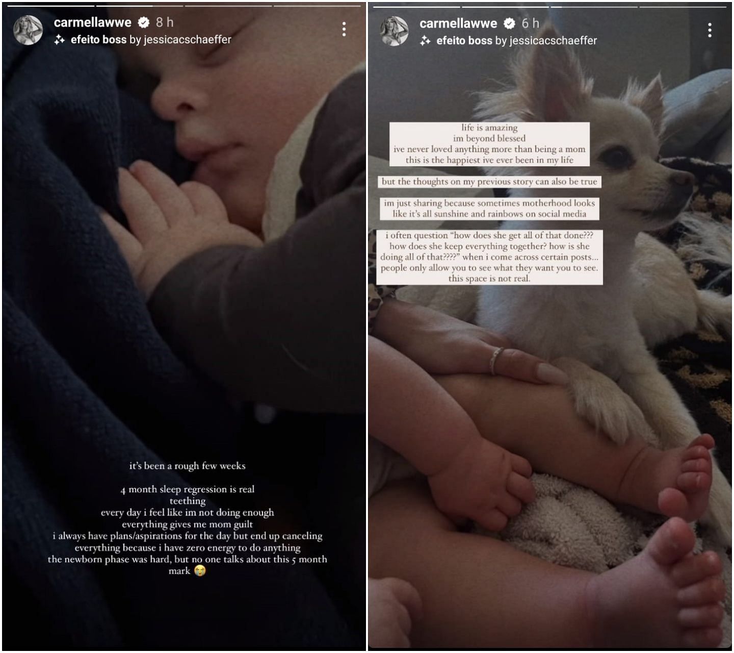 A screenshot of her two Instagram stories (Image via Carmella&#039;s Instagram)