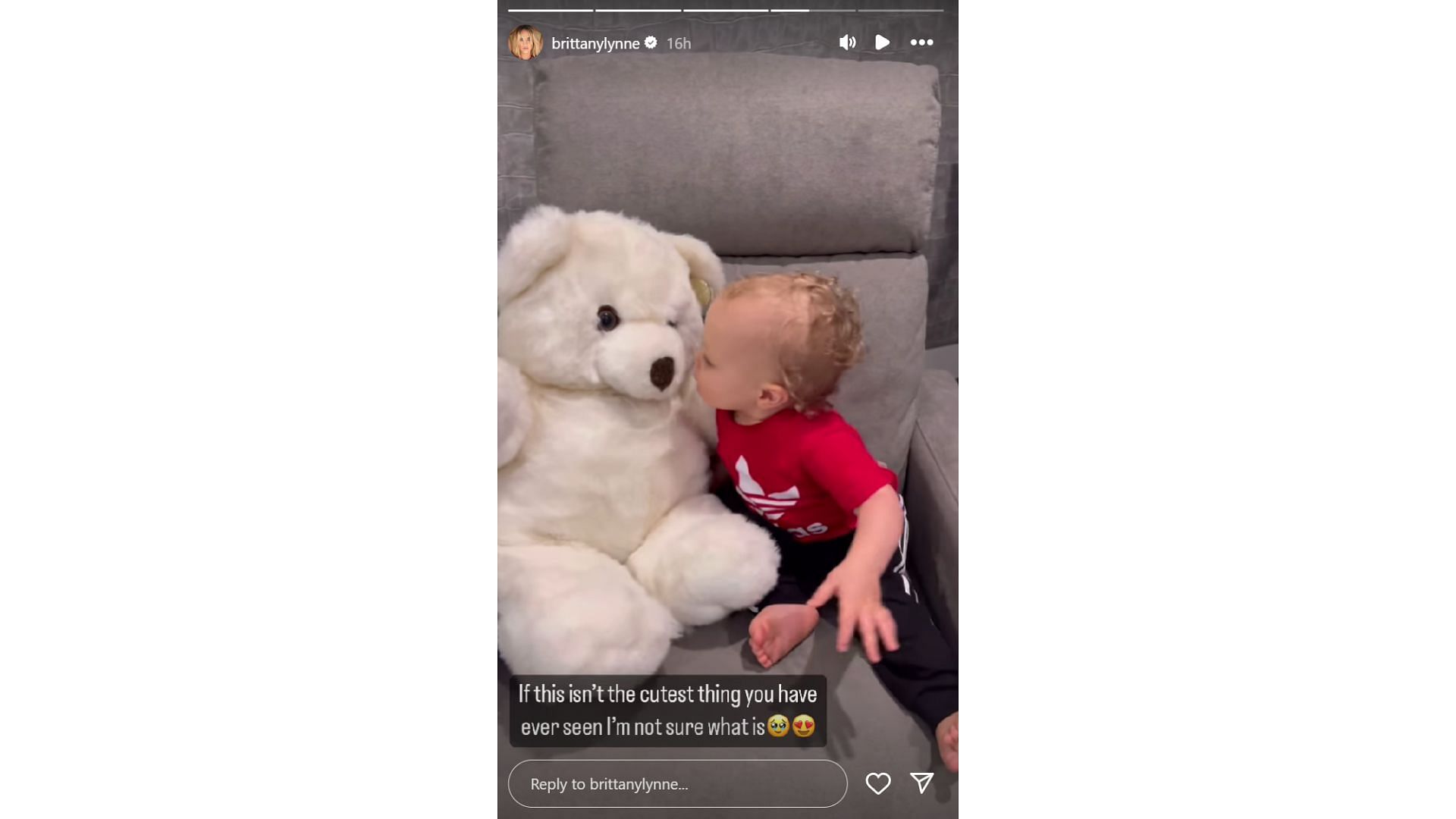 Patrick Mahomes&#039; son playing with his teddy bear (Image credit: @brittanylynne)