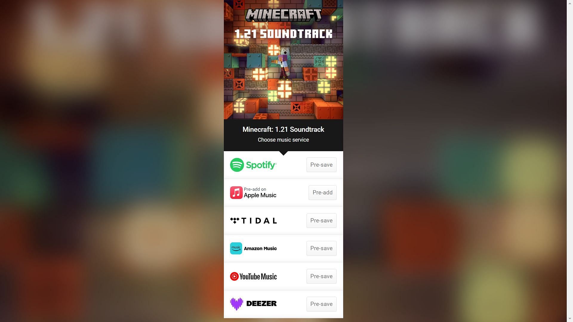 Pre-save option for the game&#039;s new soundtrack coming with the 1.21 update (Image via Mojang Studios)