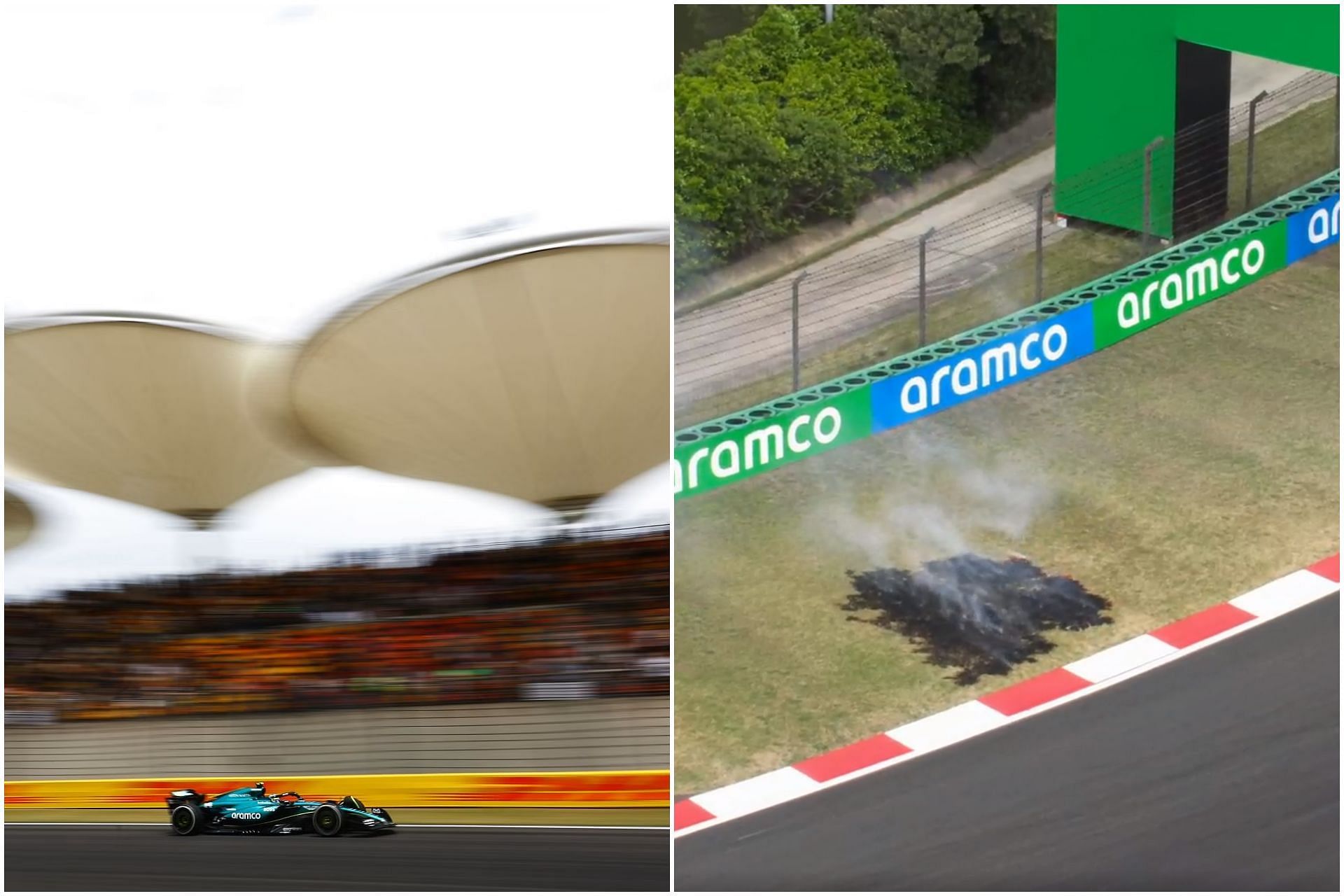 Grass on the side of the Shanghai International Circuit catches fire during practice at the 2024 F1 Chinese GP (Collage via Sportskeeda)