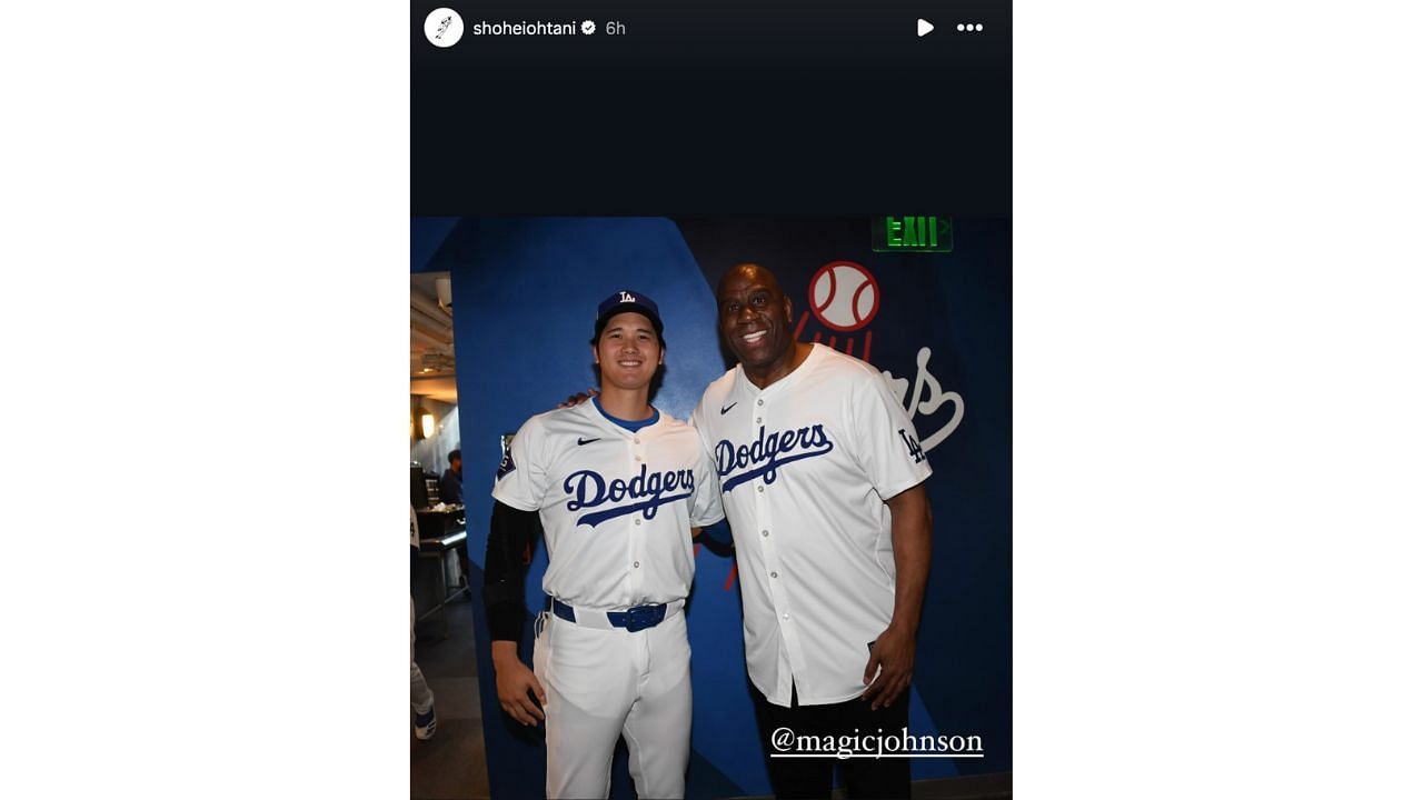 Shohei Ohtani took a photo with NBA icon Magic Johnson at Dodger Stadium