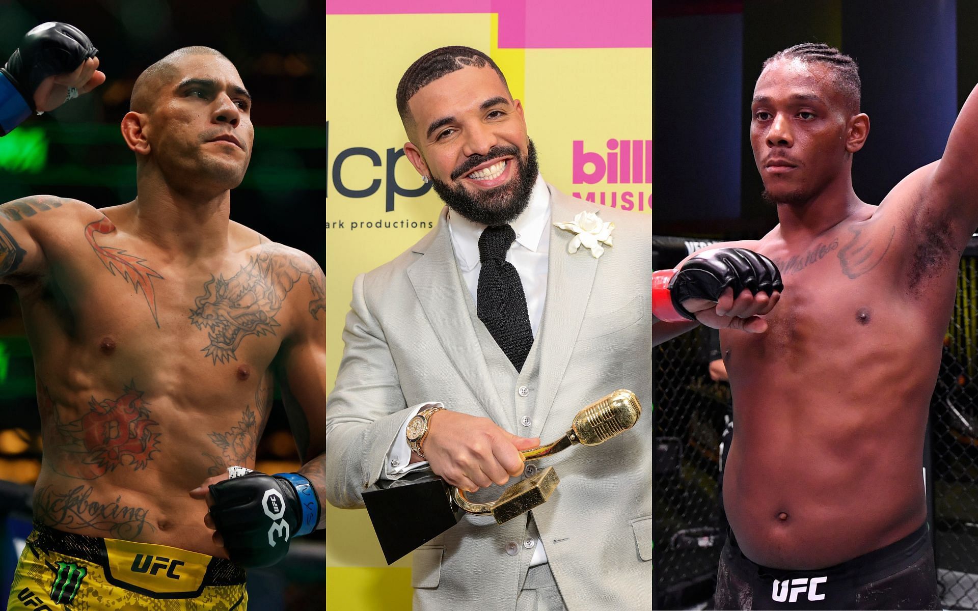 Drake (middle) has bet a significant sum of money on Alex Pereira (left) to defeat Jamahal Hill (right) [Images courtesy: Getty Images]