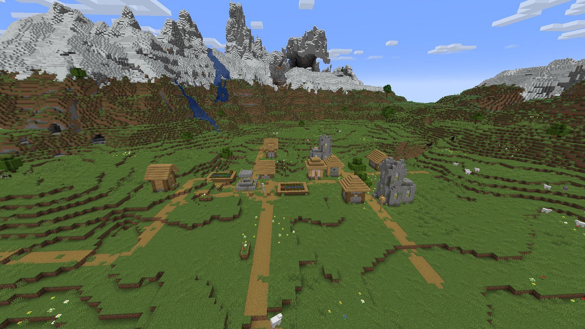 This scenic Minecraft village is in between three different mountain ranges (Image via Mojang)