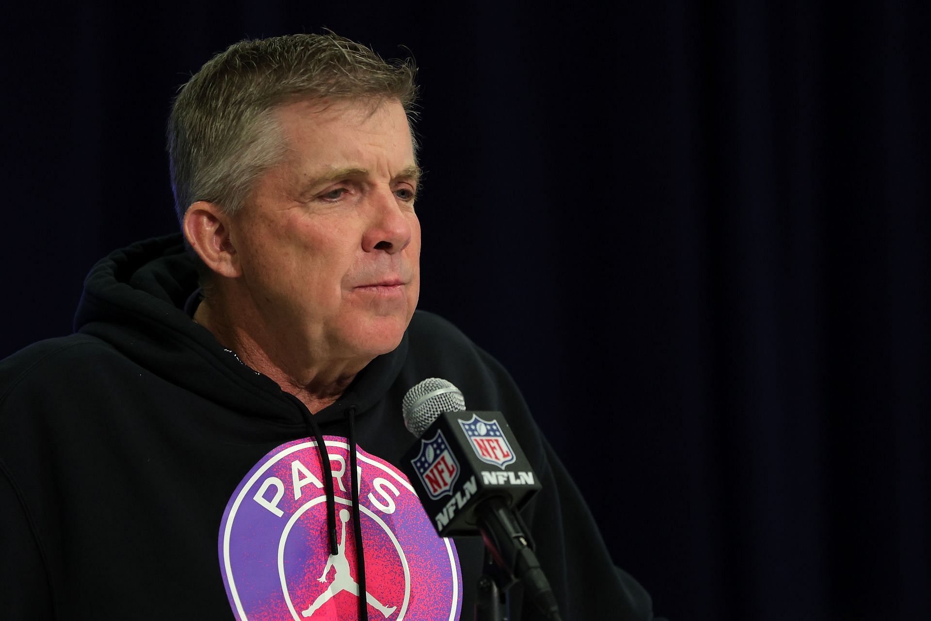 Sean Payton answers questions during the 2024 NFL Combine