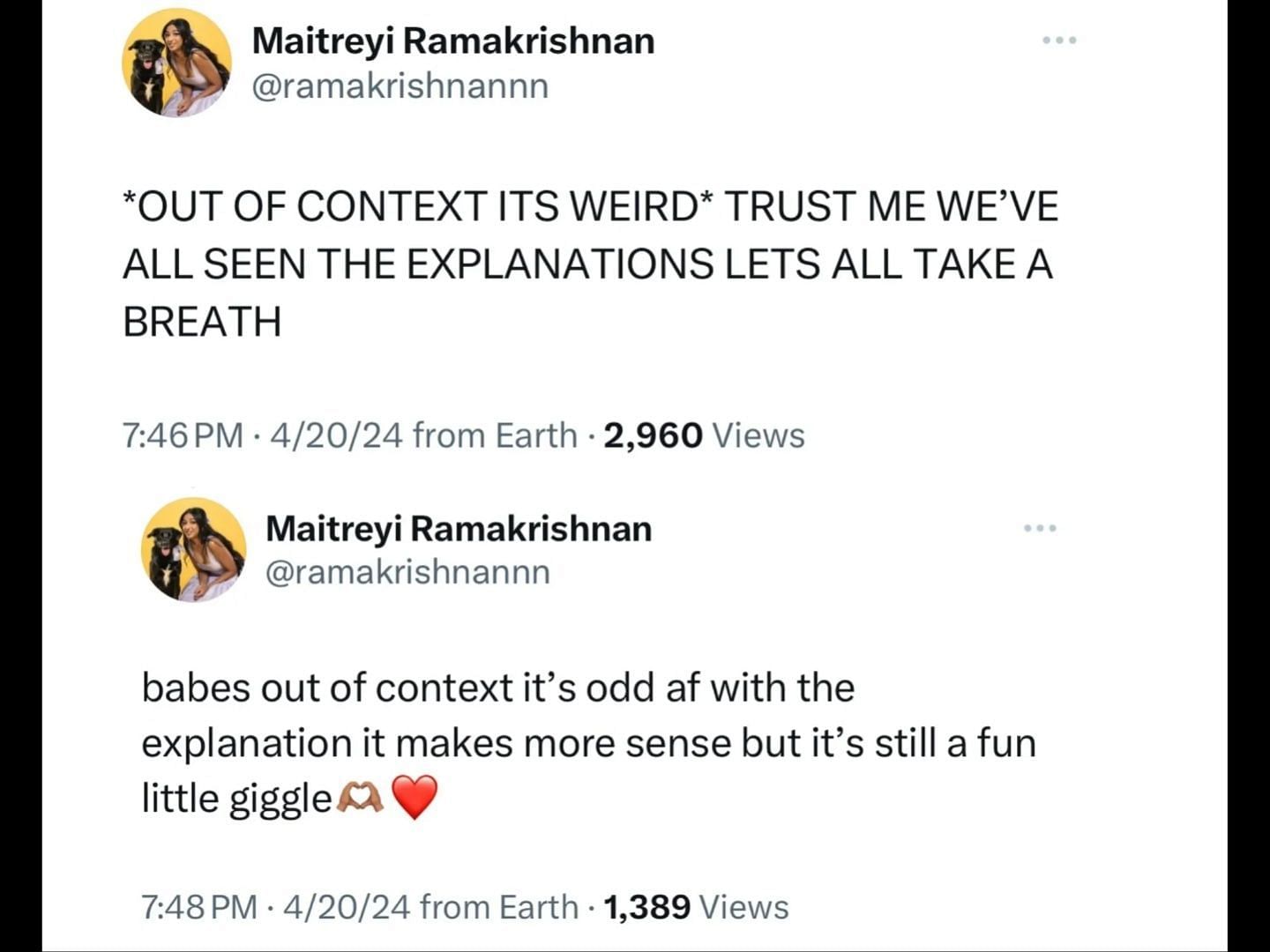 Maitreyi Ramakrishnan&#039;s now-deleted X posts about Taylor Swift&#039;s &quot;I Hate It Here&quot;. (Image via Reddit/@ Exciting_Potato_6717)