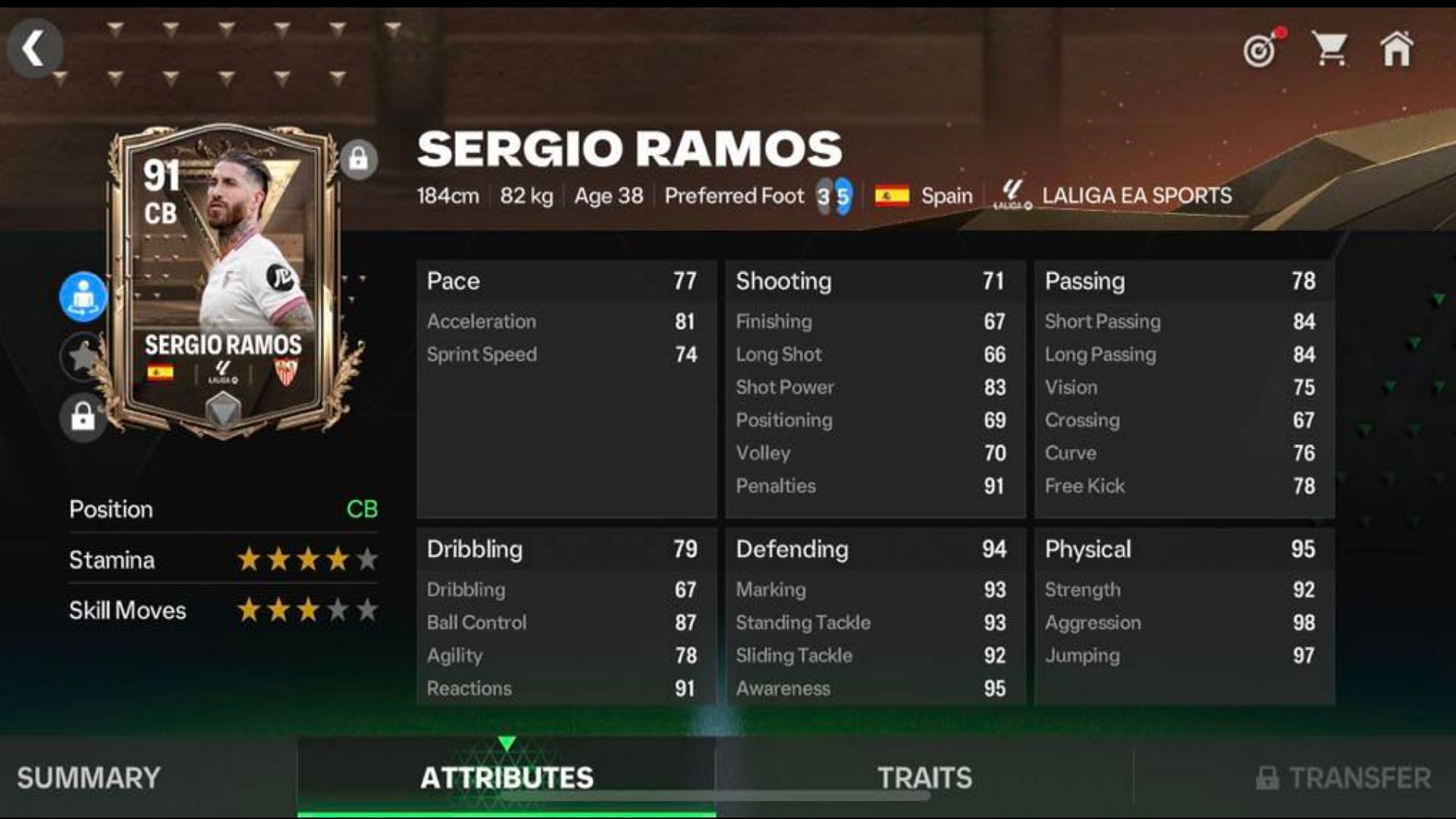 91 Centurions Sergio Ramos card stats (Image via EA Sports)