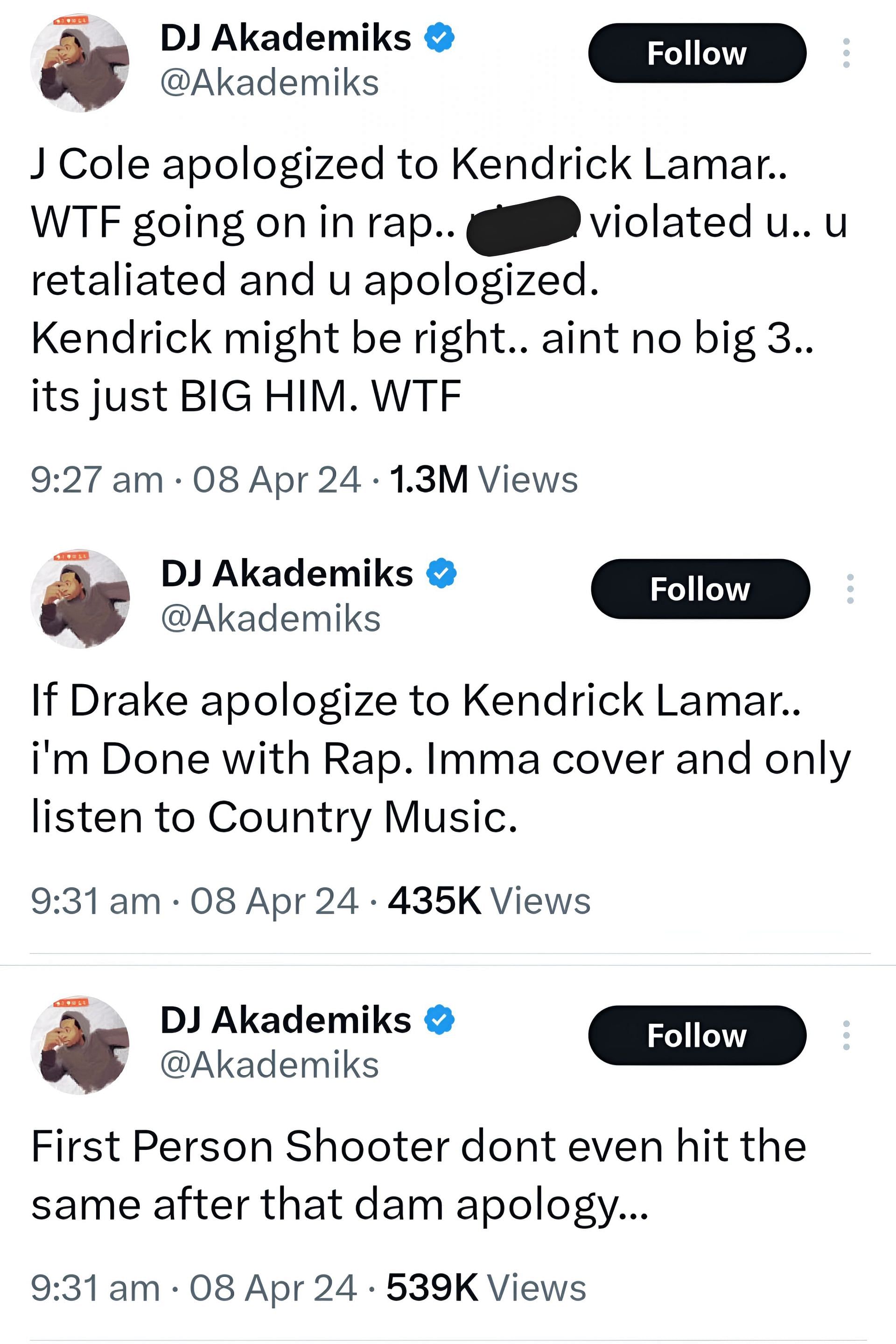 Akademiks&#039; tweets on the matter (Image via X/@Akademiks)