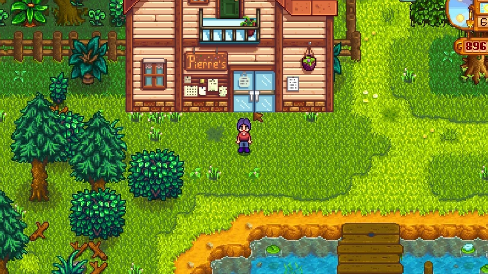 A free season calendar can be found outside Pierre&#039;s shop. (Image via ConcernedApe || YouTube/@Infinte Gaming)