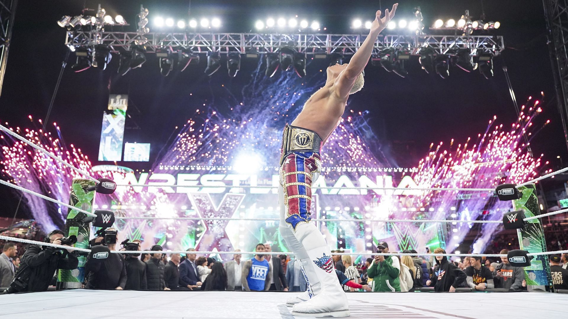 Cody Rhodes celebrates after the WWE WrestleMania XL main event