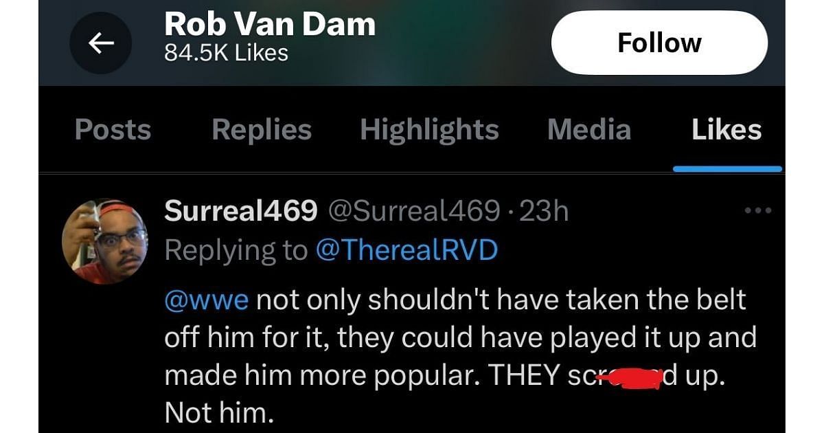 RVD liked the tweet saying WWE didn&#039;t manage his title run well