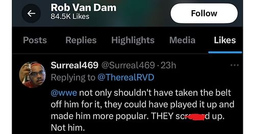 RVD liked the tweet saying WWE didn't manage his title run well