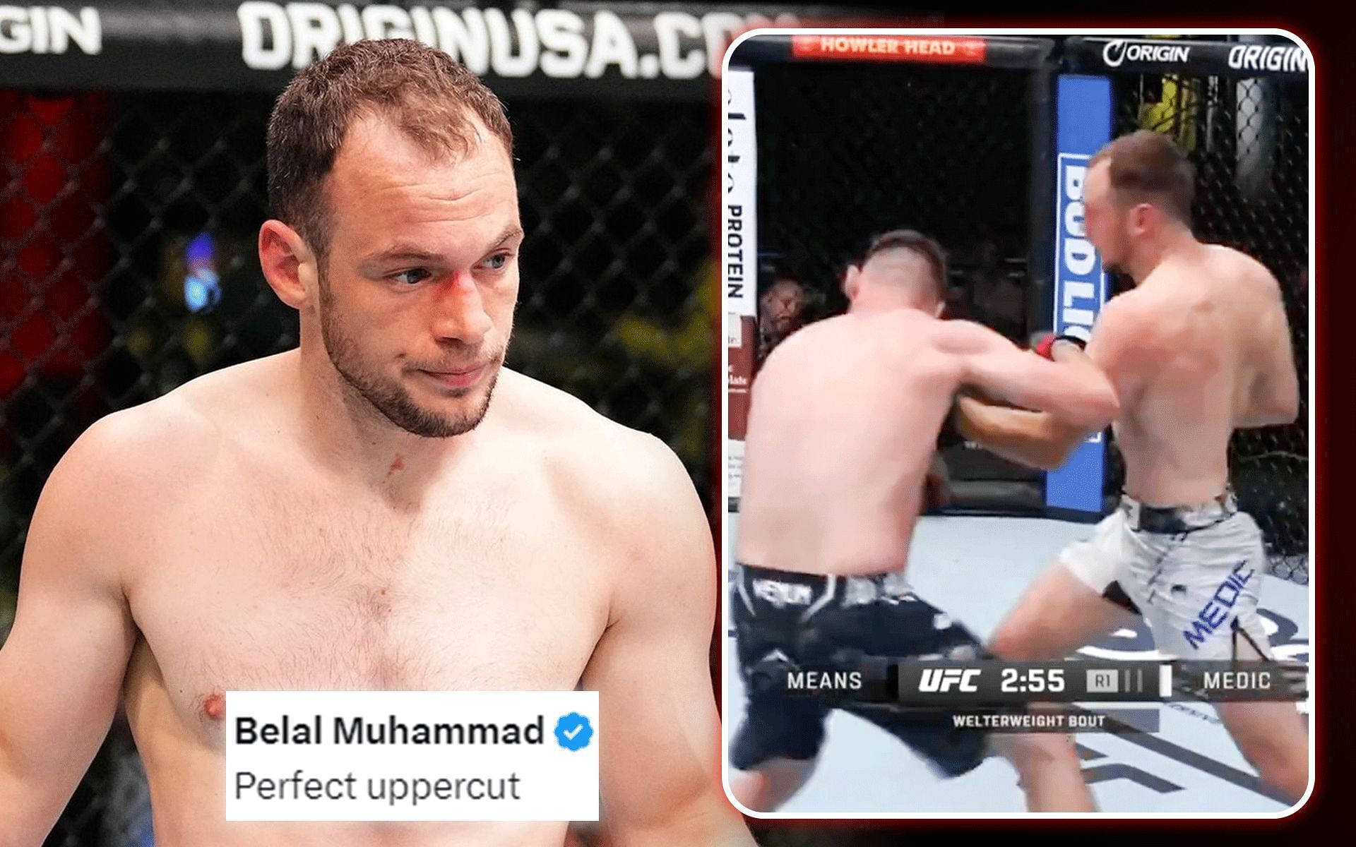 Uros Medic (left) knocks out Tim Means (second to right) at UFC Vegas 91 [Images courtesy of @ufceurope on Instagram and @TakeruCigarra via X/UFC broadcast]