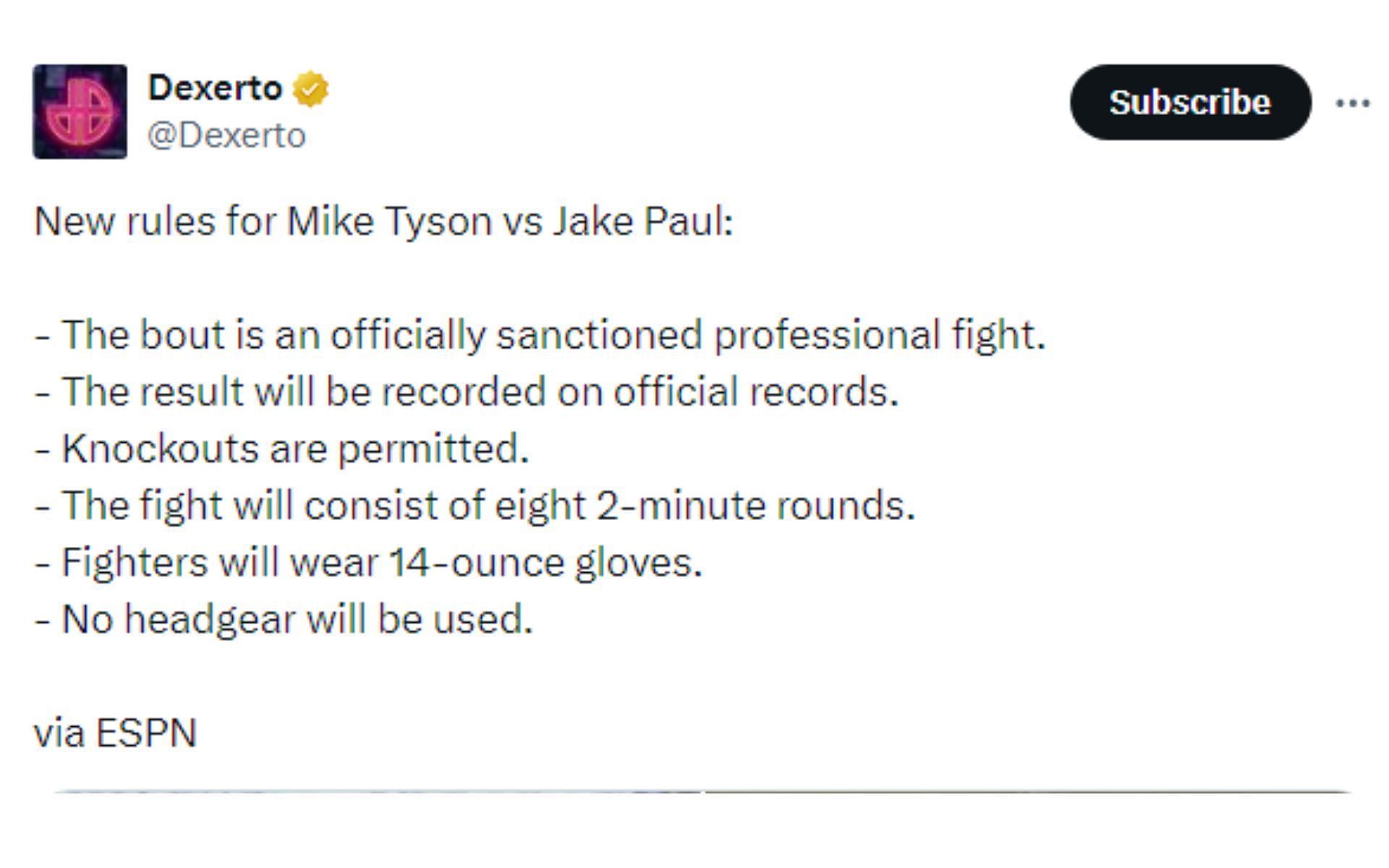 Dexerto&#039;s tweet regarding Paul vs. Tyson [Image courtesy: @Dexerto - X]