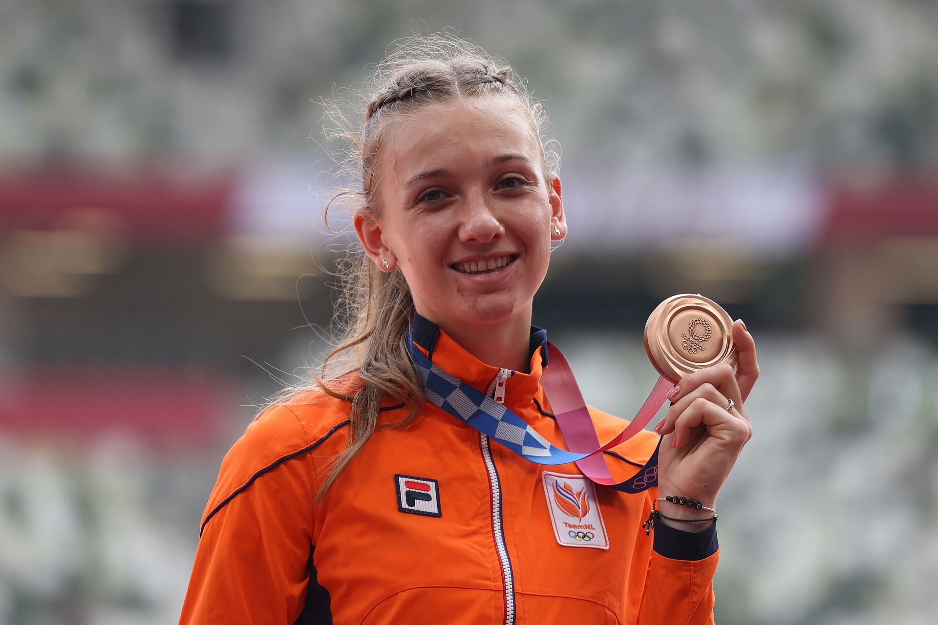 Bronze medalist Femke Bol of Team Netherlands poses during the medal ceremony for the Women&#039;s 400m Hurdles Final on day twelve of the Tokyo 2020 Olympic Games at Olympic Stadium on August 04, 2021 in Tokyo, Japan. (Photo by Christian Petersen/Getty Images)