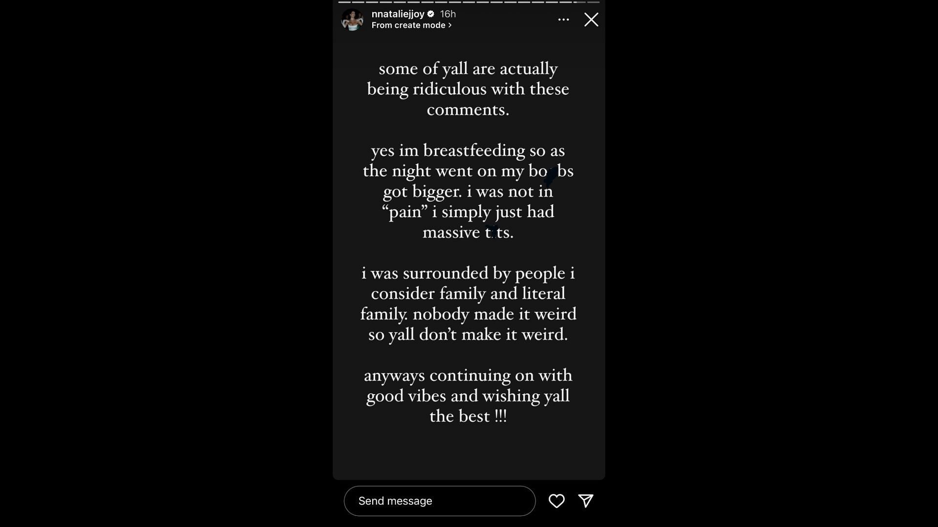 Natalie talks about the criticism. (Image via Instagram/@nnataliejjoy)