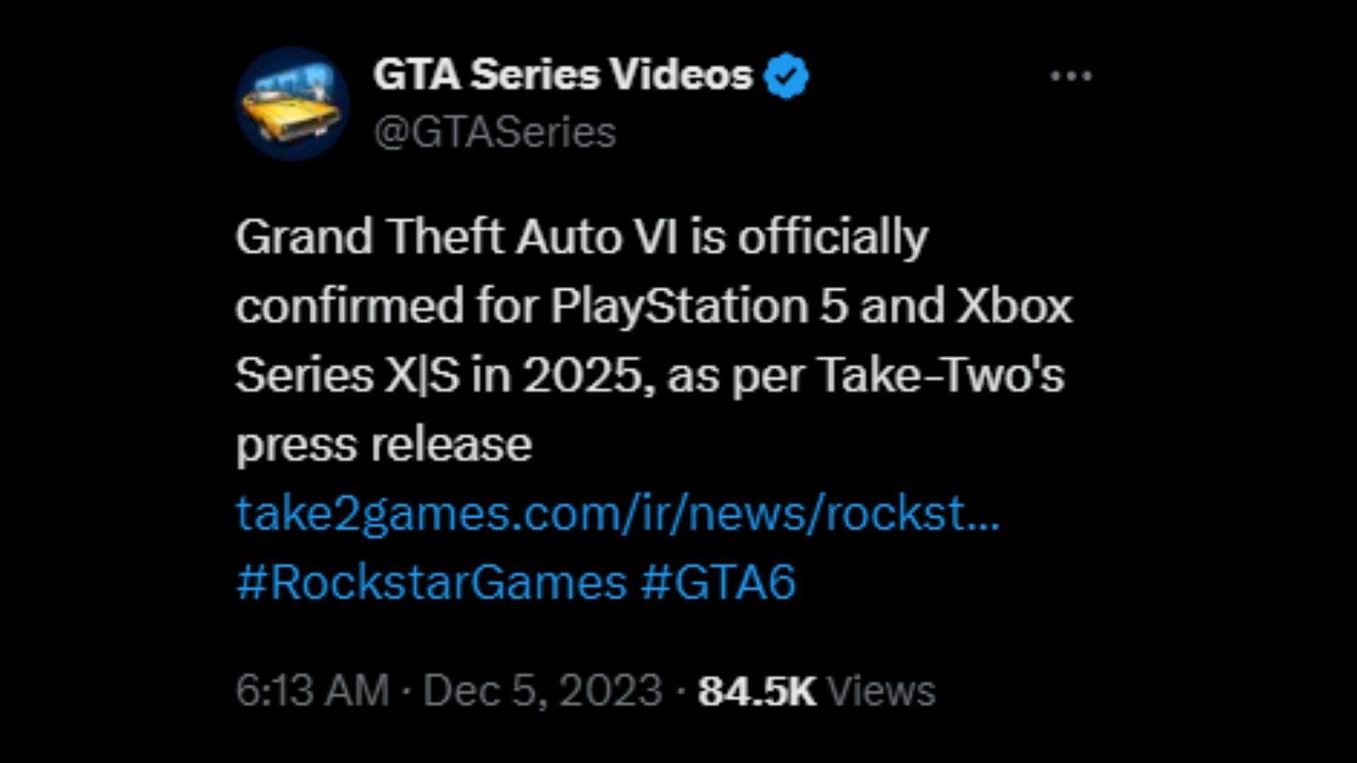 GTA 6 is only coming to Current-Gen at launch (Image via X/@GTASeries)