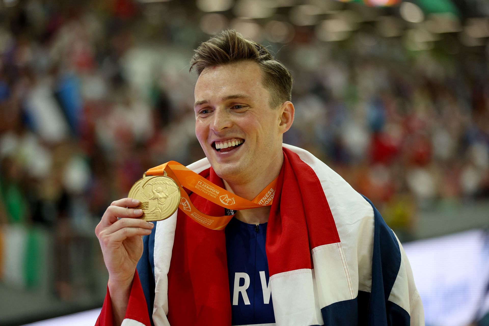 Karsten Warholm of Team Norway celebrates winning gold in the Men&#039;s 400m Hurdles Final during day five of the World Athletics Championships Budapest 2023 at National Athletics Centre on August 23, 2023, in Budapest, Hungary. (Photo by Patrick Smith/Getty Images)