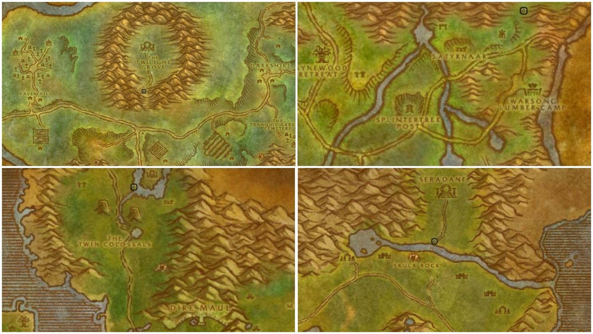 Locations of the Nightmare Incusions (top left to bottom right): Duskwood, Ashenvale, Feralas, The Hinterlands. (Image via Blizzard Entertainment)
