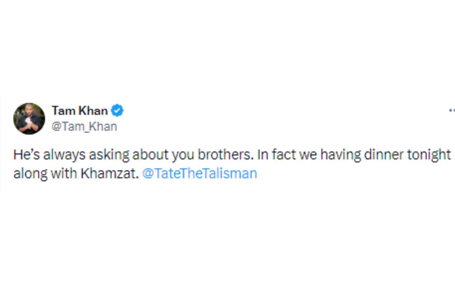 Khan&#039;s tweet responding to Tate [Image courtesy: @Tam_Khan - X]