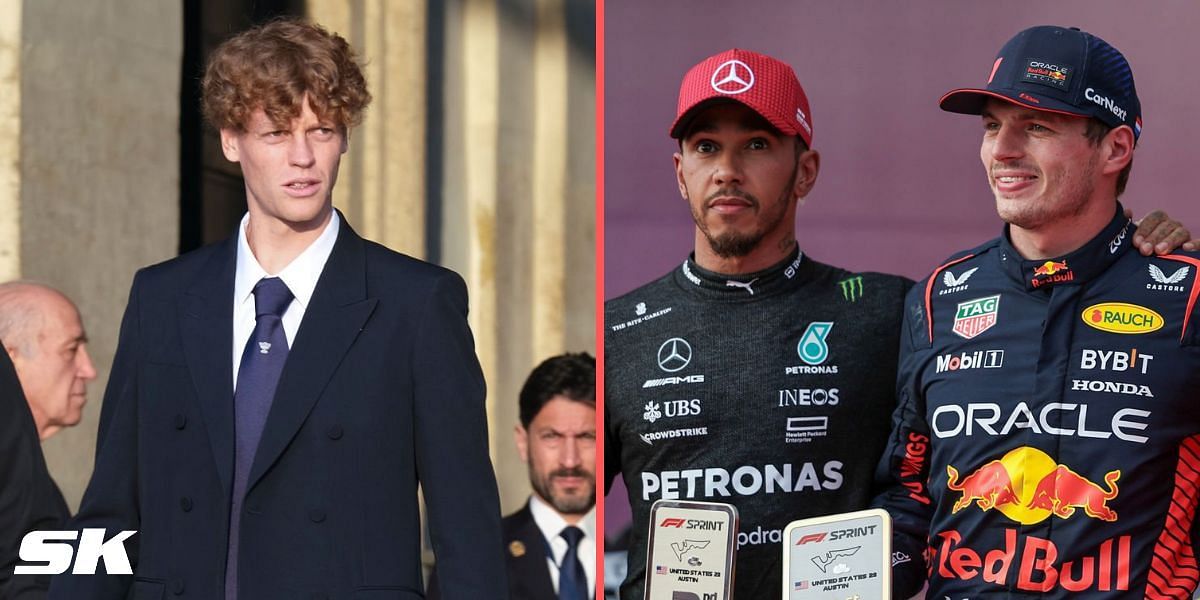 Jannik Sinner (L), Lewis Hamilton and Max Verstappen (R)