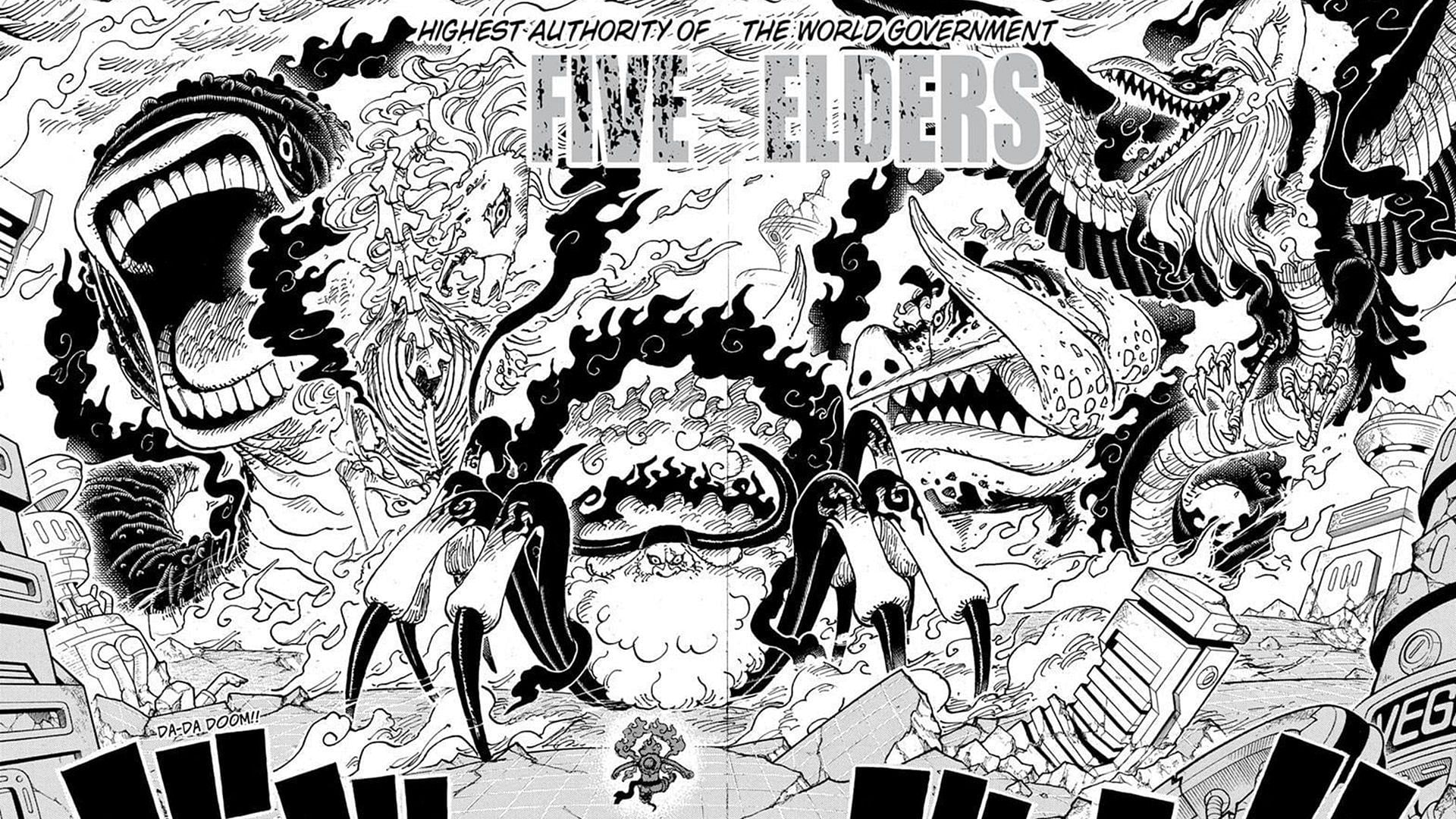The Gorosei&#039;s demonic forms in the One Piece manga (Image via Shueisha)