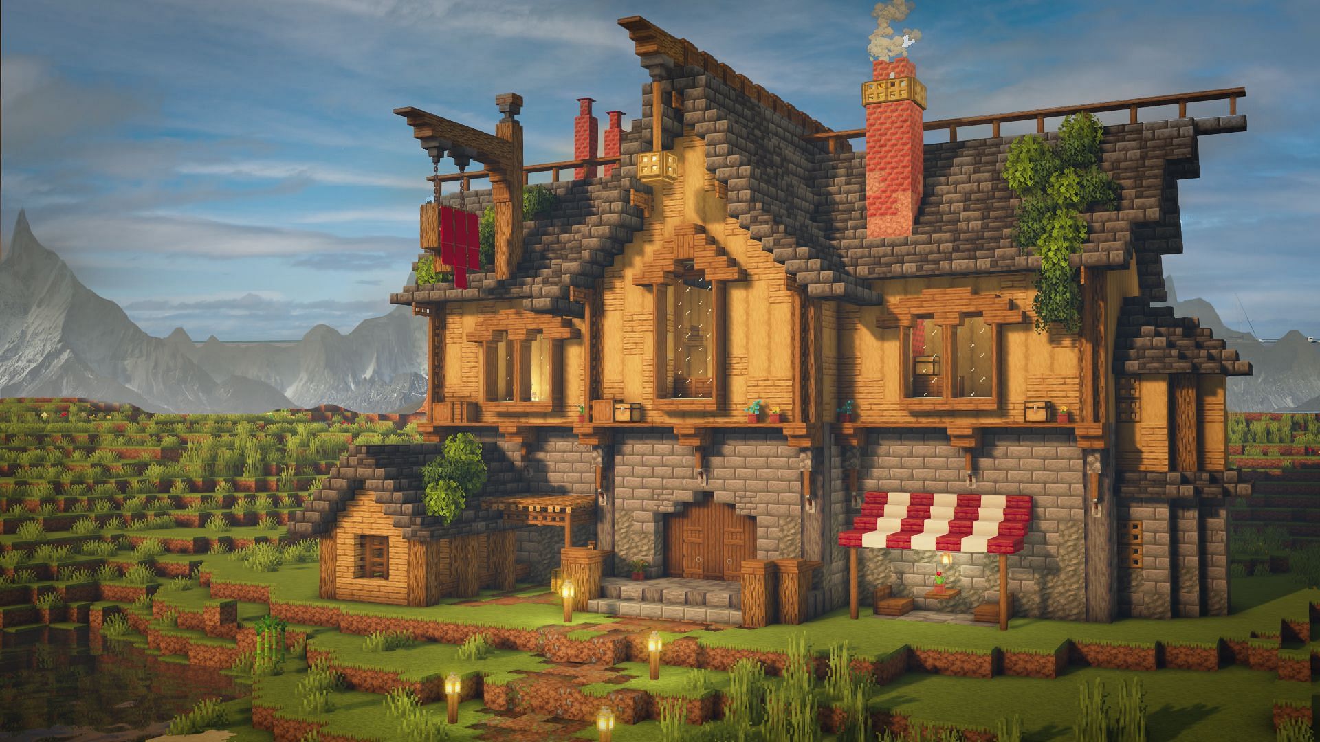 A tavern is a must for medieval Minecraft towns of a decent size (Image via u/_lexbuilds_/Reddit, Mojang)
