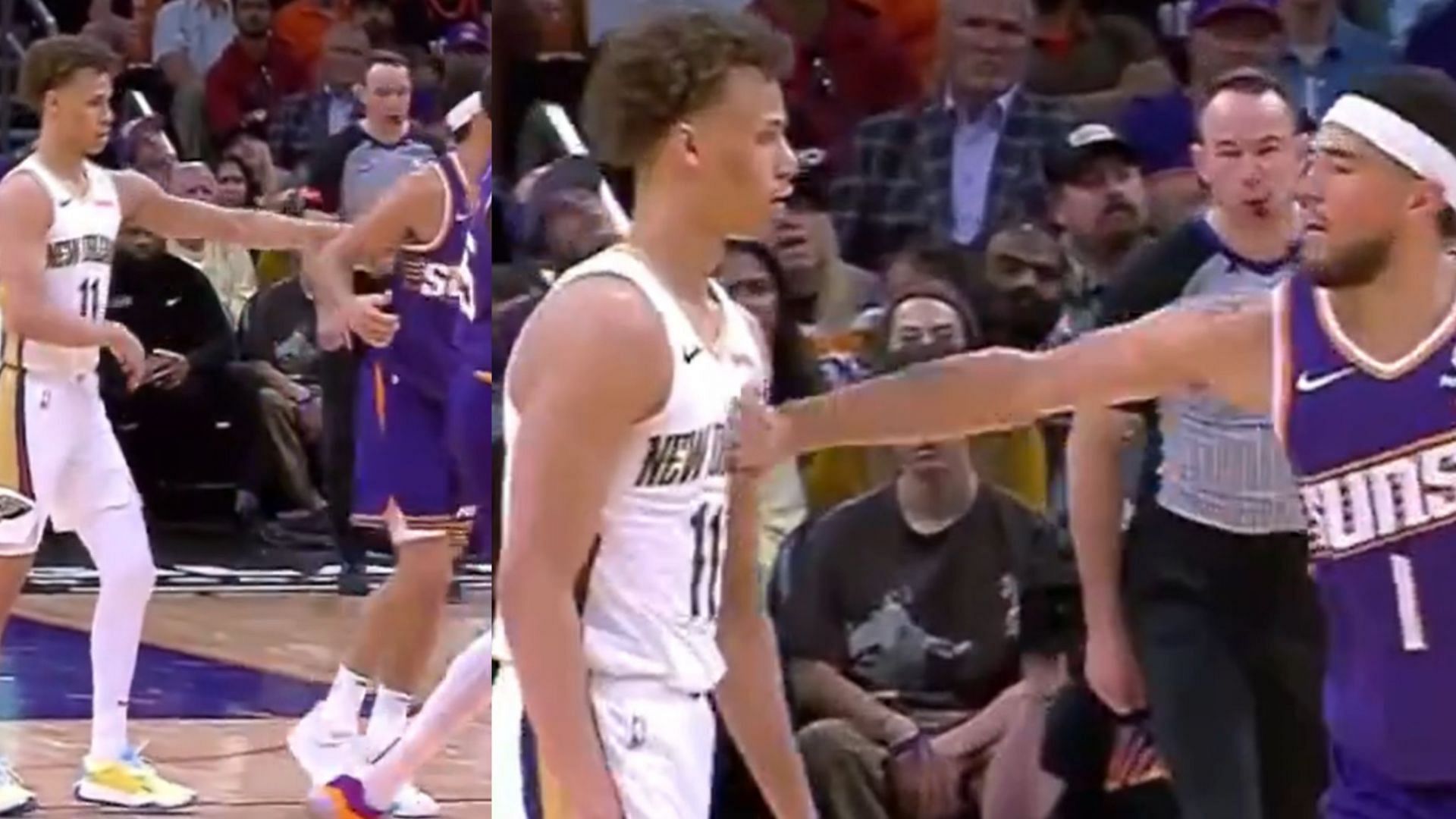 Dyson Daniels and Devin Booker have a shoving match during Sunday