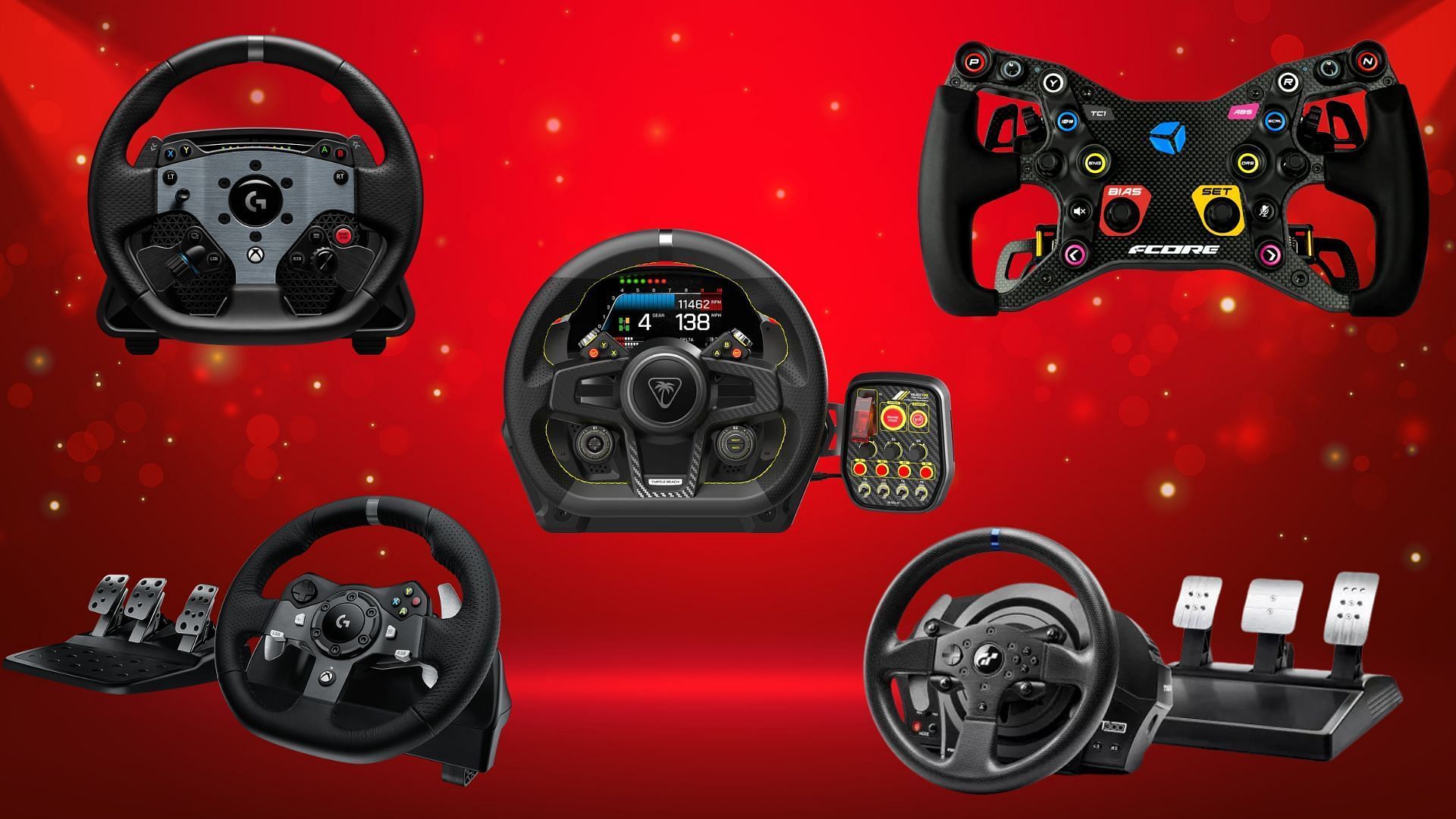 Best steering wheels for sim racing in 2024 (Image via Logitech, Thrustmaster, Cube Controls, Turtle Beach)