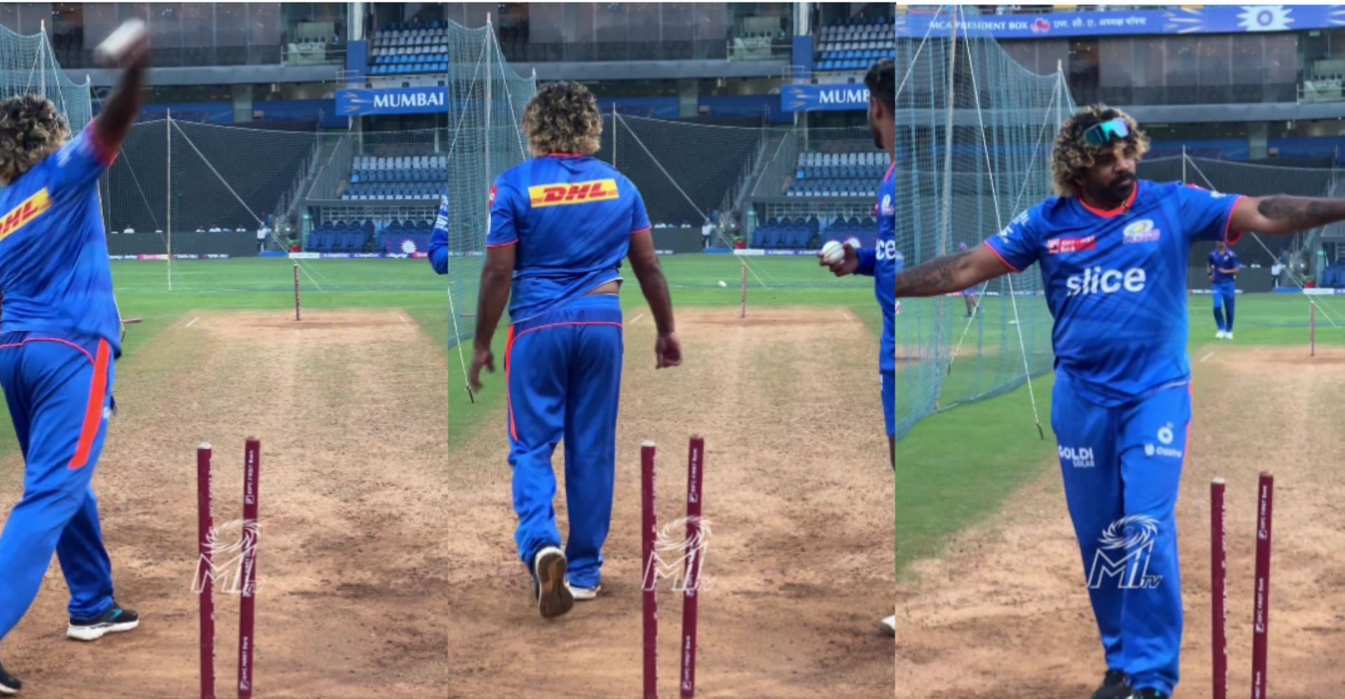 Malinga shows the MI bowlers how it is done [Credit: MI Twitter handle]