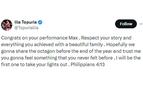 Topuria's tweet regarding a potential fight with Holloway [Image courtesy: @Topuriailia - X]