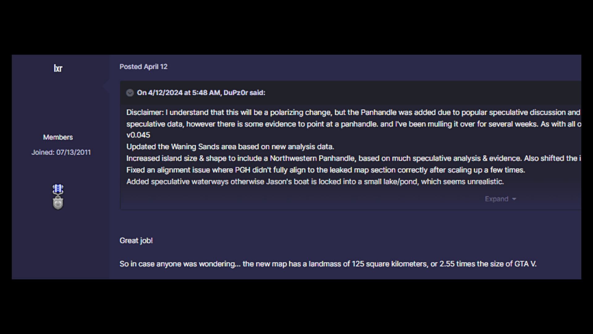 GTAForums user lxr&#039;s comment in question (Image via gtaforums.com)