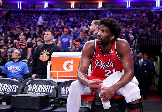 PHOTO: Sleeve on Joel Embiid’s surgically repaired knee gets blood stain after injury scare in Game 1