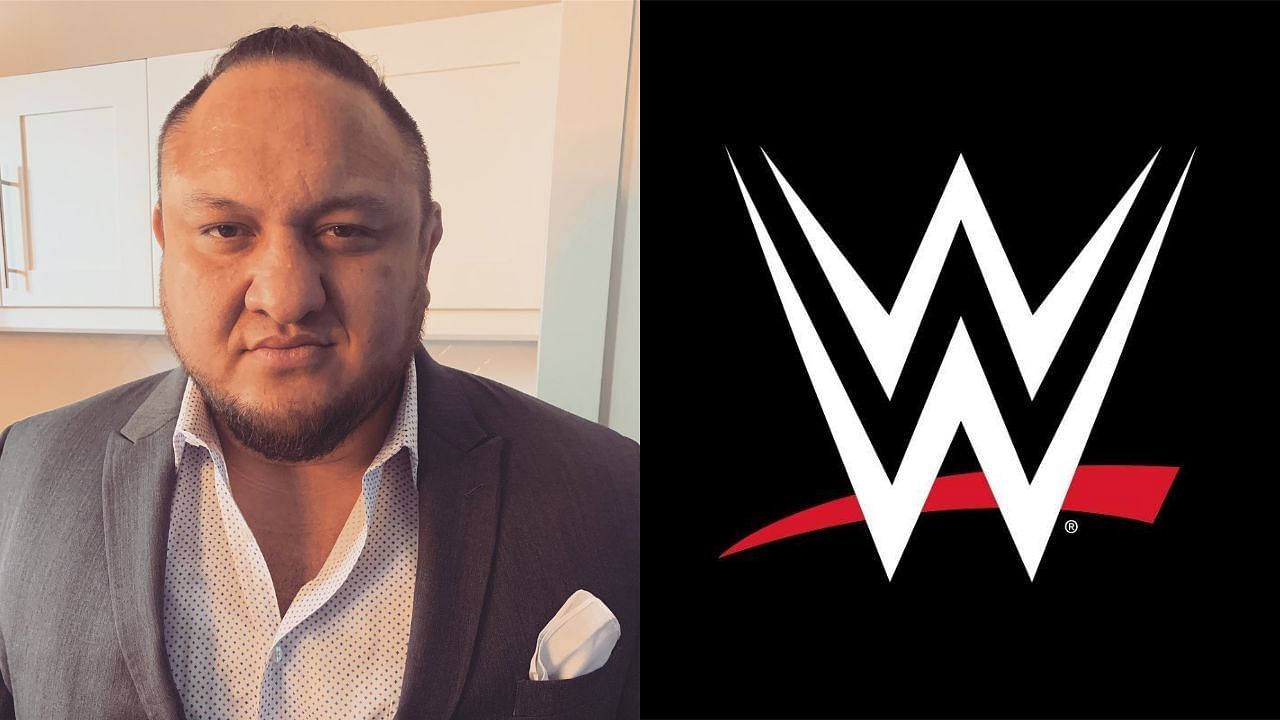 Samoa Joe (left) and WWE logo (right)