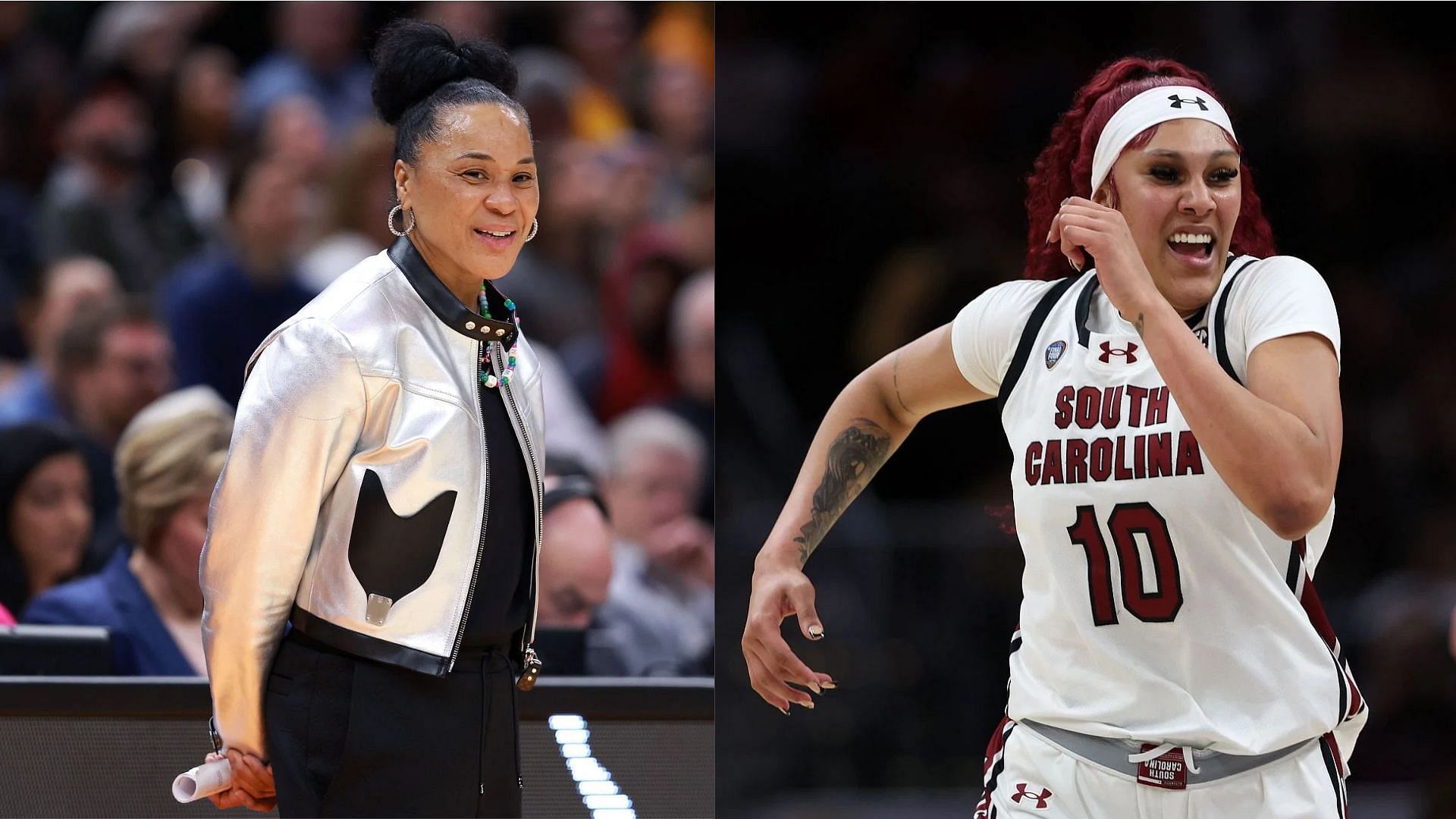 From left to right: South Carolina coach Dawn Staley and center Kamilla Cardoso