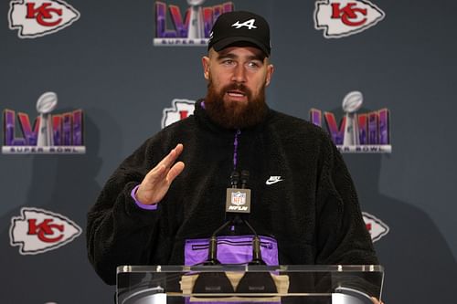 Travis Kelce at Super Bowl LVIII - Kansas City Chiefs Media Availability