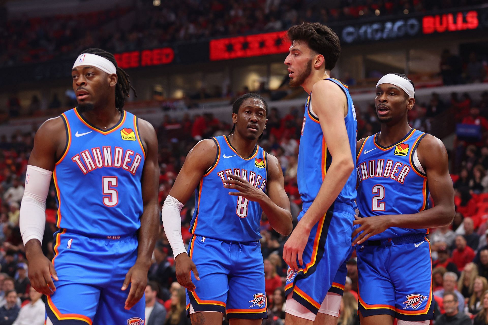 OKC Thunder starters Luguentz Dort (left), Jalen Williams (left-middle), Chet Holmgren (right-middle) and Shai Gilgeous-Alexander (right)