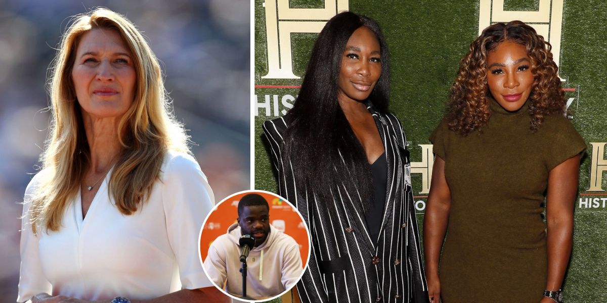 Steffi Graf (L), Frances Tiafoe (inset), Venus and Serena Williams (R)