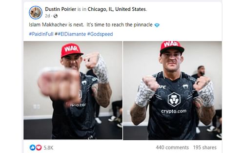 Poirier's Facebook post regarding lightweight title fight [Image courtesy: Dustin Poirier - Facebook]